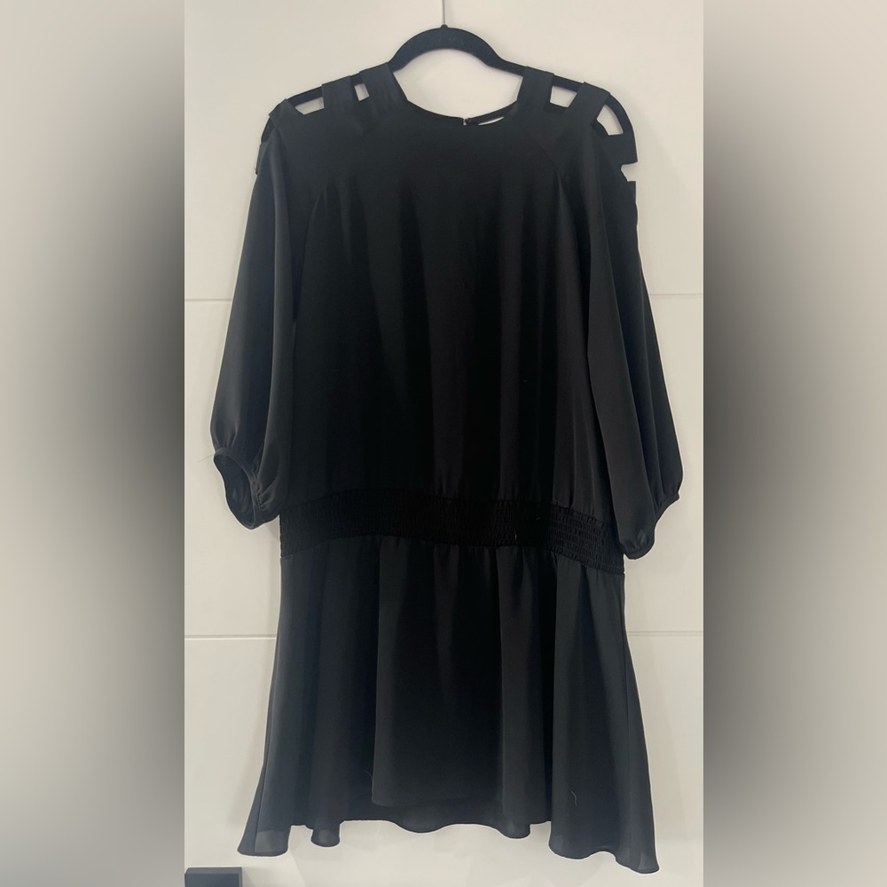 Amanda Uprichard Black Dress, Open Shoulder Design, 3/4 Sleeve Dress in Medium